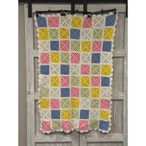 Handmade Crocheted Baby Blanket Pastel Granny Square Patches 37×58 “